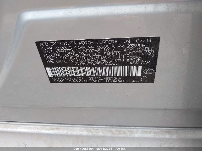 2011 Lexus Es 350 350 VIN: JTHBK1EGXB2462585 Lot: 40086364