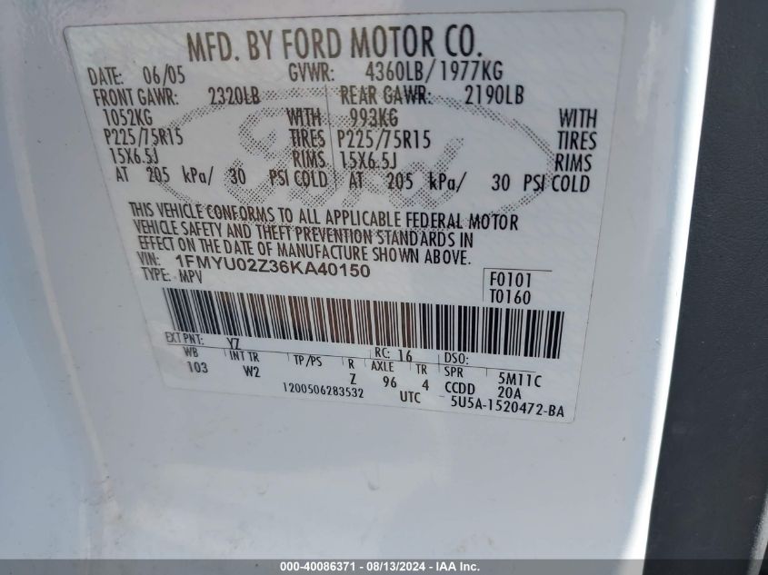 2006 Ford Escape Xls/Xls Manual VIN: 1FMYU02Z36KA40150 Lot: 40086371