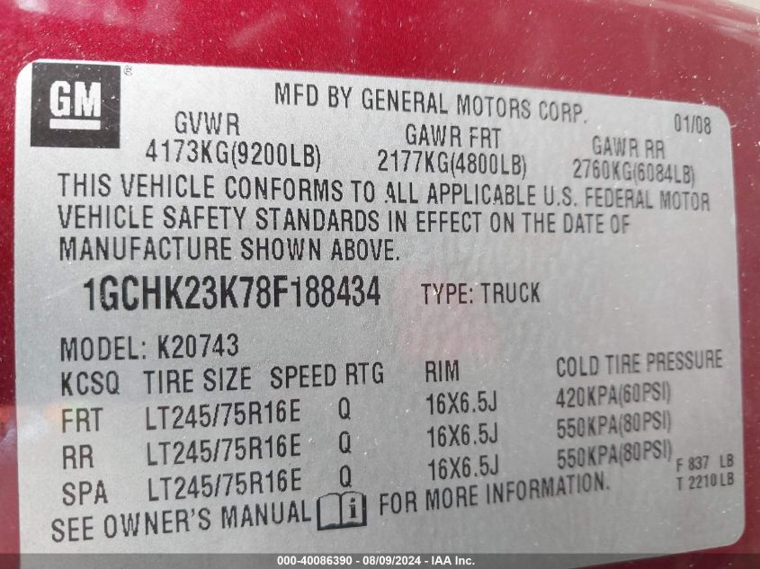 2008 Chevrolet Silverado 2500Hd Lt1 VIN: 1GCHK23K78F188434 Lot: 40086390