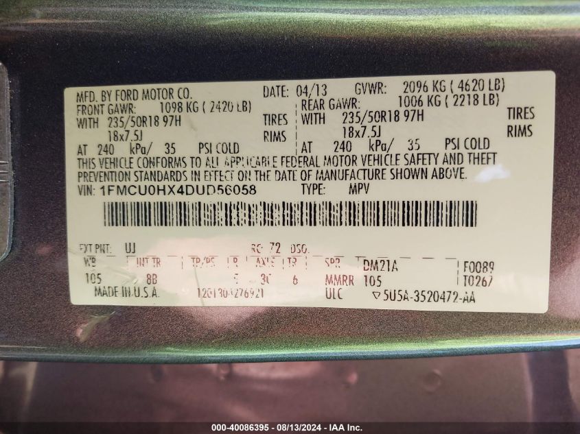 2013 Ford Escape Sel VIN: 1FMCU0HX4DUD56058 Lot: 40086395