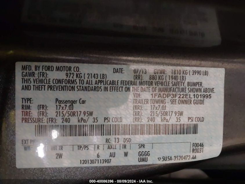 2014 Ford Focus Se VIN: 1FADP3F22EL101995 Lot: 40086396