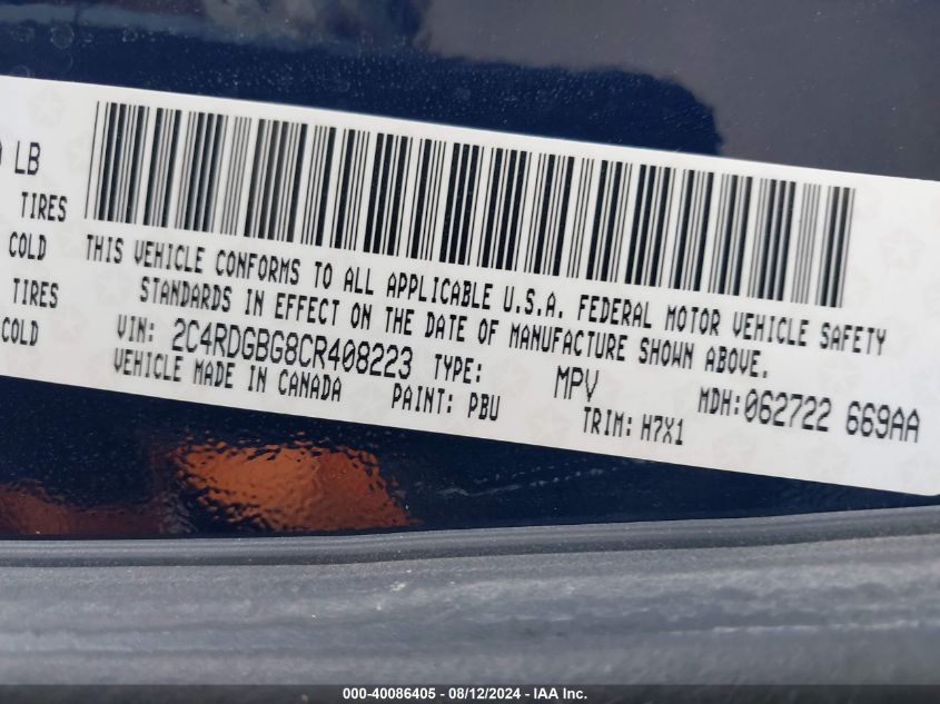 2012 Dodge Grand Caravan Se/Avp VIN: 2C4RDGBG8CR408223 Lot: 40086405