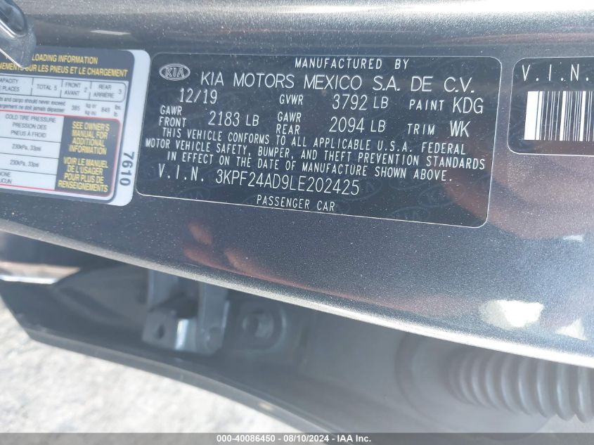 2020 Kia Forte Lxs VIN: 3KPF24AD9LE202425 Lot: 40086450