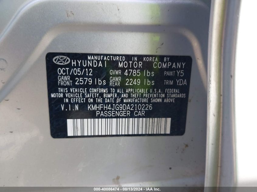 2013 Hyundai Azera VIN: KMHFH4JG9DA210226 Lot: 40086474