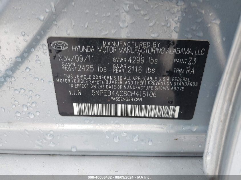 5NPEB4AC8CH415106 | 2012 HYUNDAI SONATA