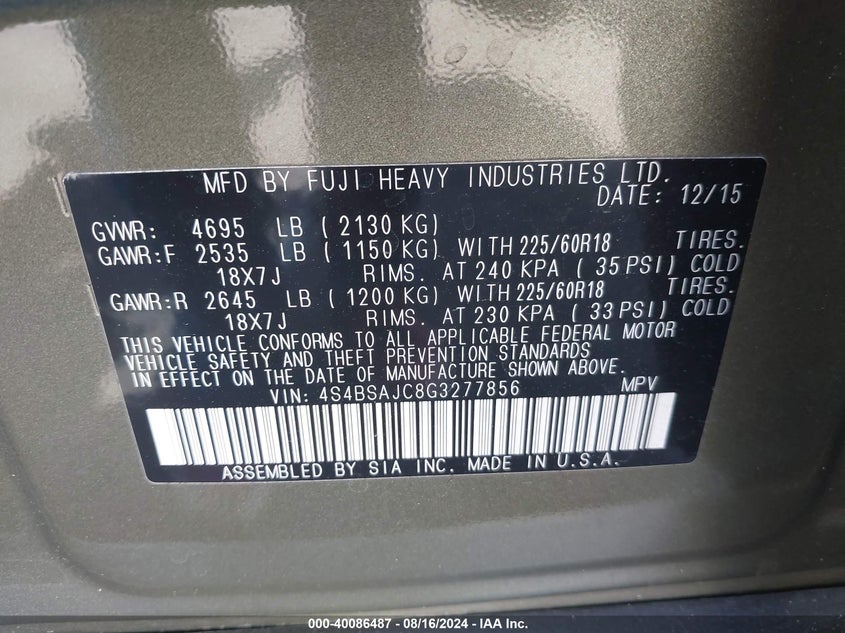 2016 SUBARU OUTBACK 2.5I LIMITED - 4S4BSAJC8G3277856