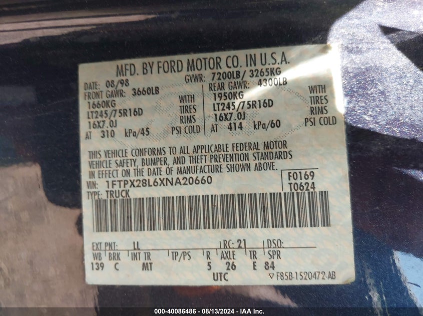 1999 Ford F-250 Lariat/Work Series/Xl/Xlt VIN: 1FTPX28L6XNA20660 Lot: 40086486