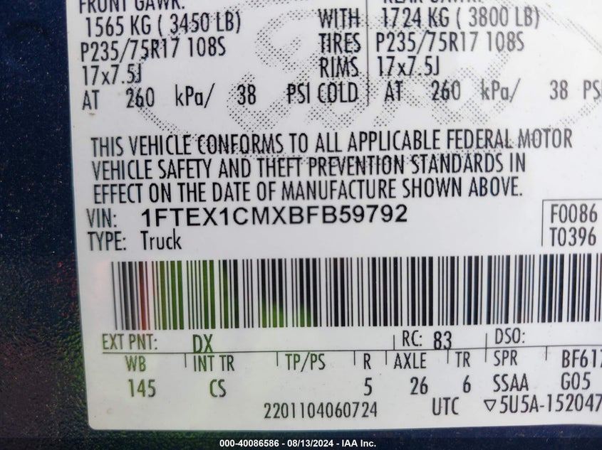 2011 Ford F-150 Xl VIN: 1FTEX1CMXBFB59792 Lot: 40086586