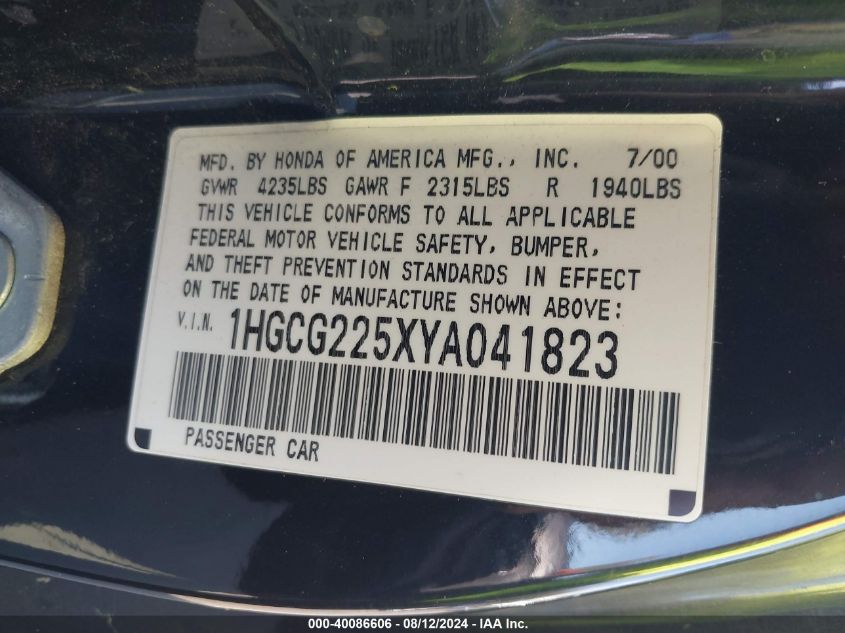 2000 Honda Accord 3.0 Ex VIN: 1HGCG225XYA041823 Lot: 40086606