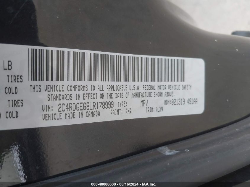 2020 Dodge Grand Caravan Gt VIN: 2C4RDGEG8LR178999 Lot: 40086630