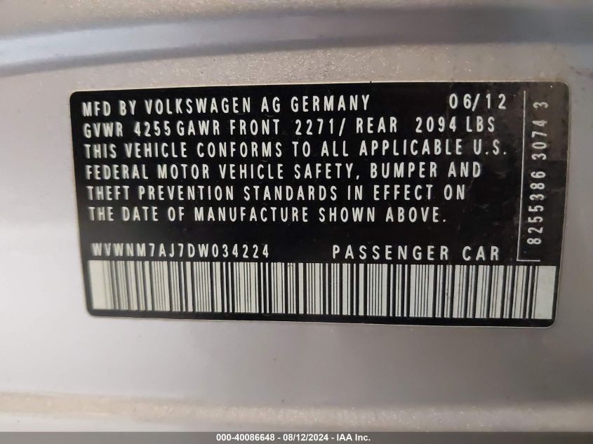 WVWNM7AJ7DW034224 2013 Volkswagen Golf 2.0L Tdi 4-Door