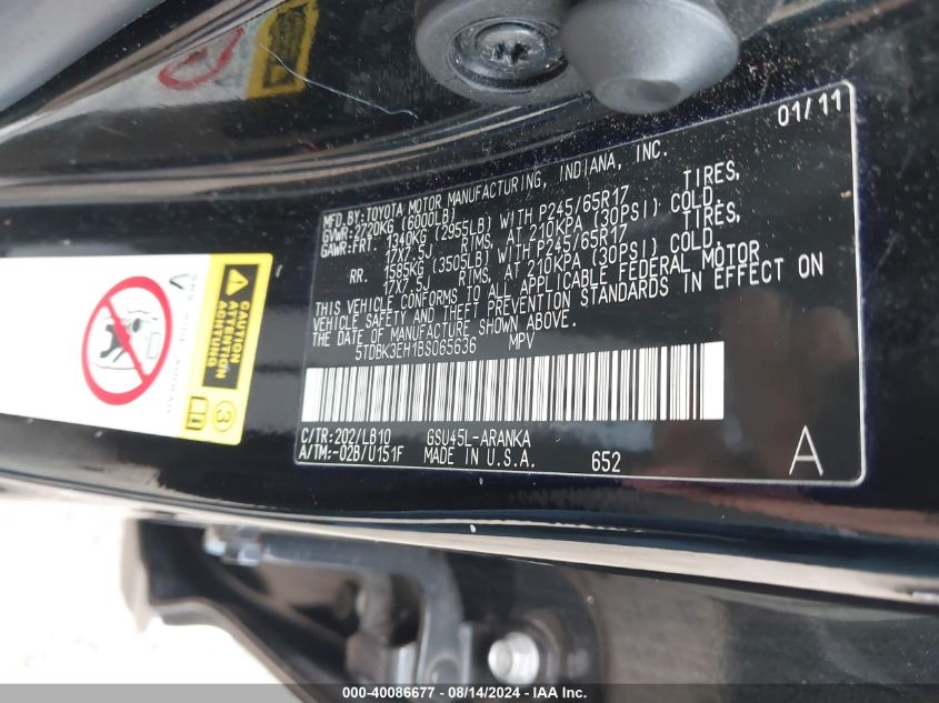 2011 Toyota Highlander Se V6 VIN: 5TDBK3EH1BS065636 Lot: 40086677