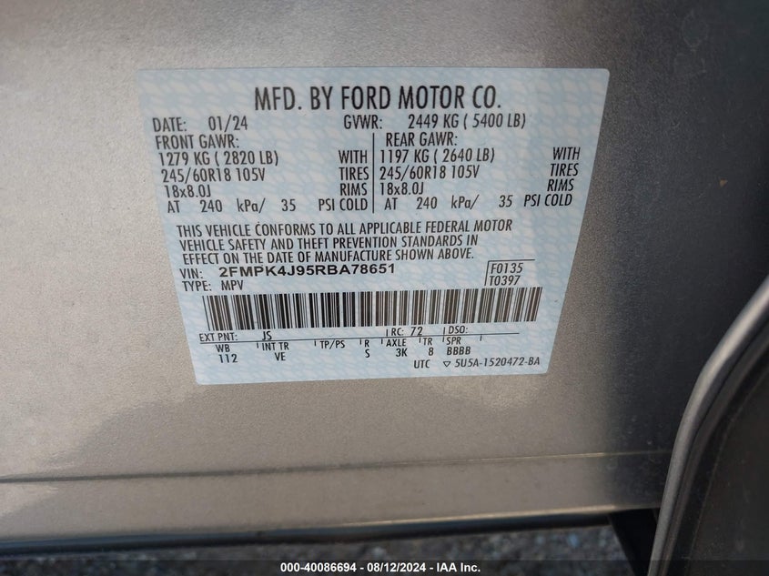 2024 Ford Edge Sel VIN: 2FMPK4J95RBA78651 Lot: 40086694