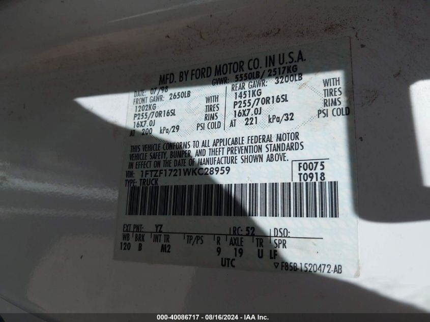 1998 Ford F-150 Standard/Xl/Xlt VIN: 1FTZF1721WKC28959 Lot: 40086717