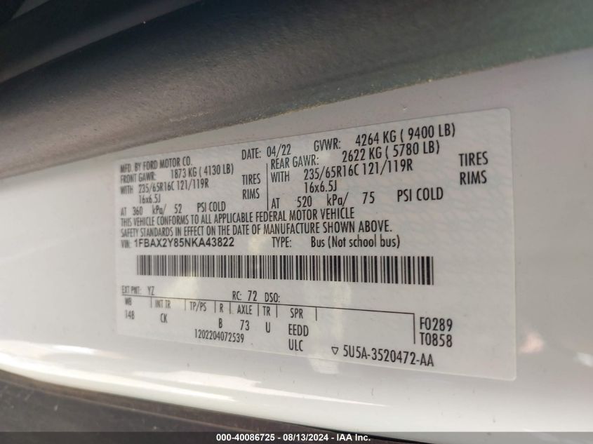 2022 Ford Transit-350 Passenger Van Xlt VIN: 1FBAX2Y85NKA43822 Lot: 40086725