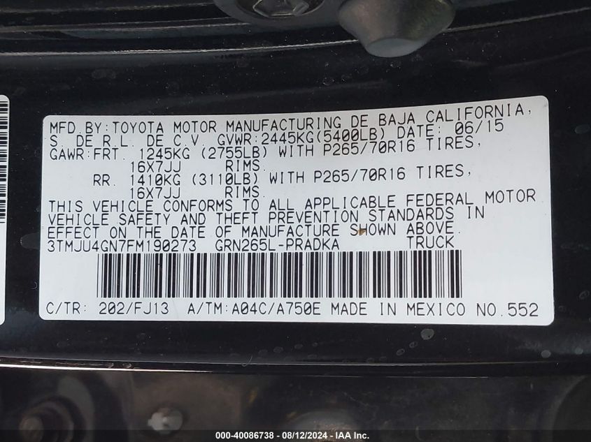 2015 Toyota Tacoma Prerunner V6 VIN: 3TMJU4GN7FM190273 Lot: 40086738