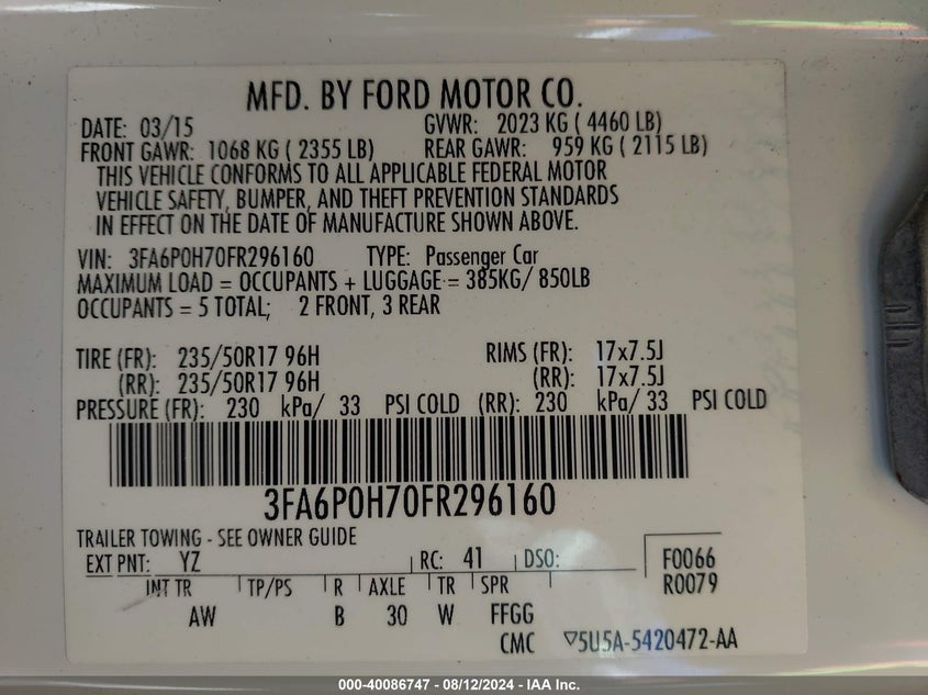 2015 Ford Fusion Se VIN: 3FA6P0H70FR296160 Lot: 40086747