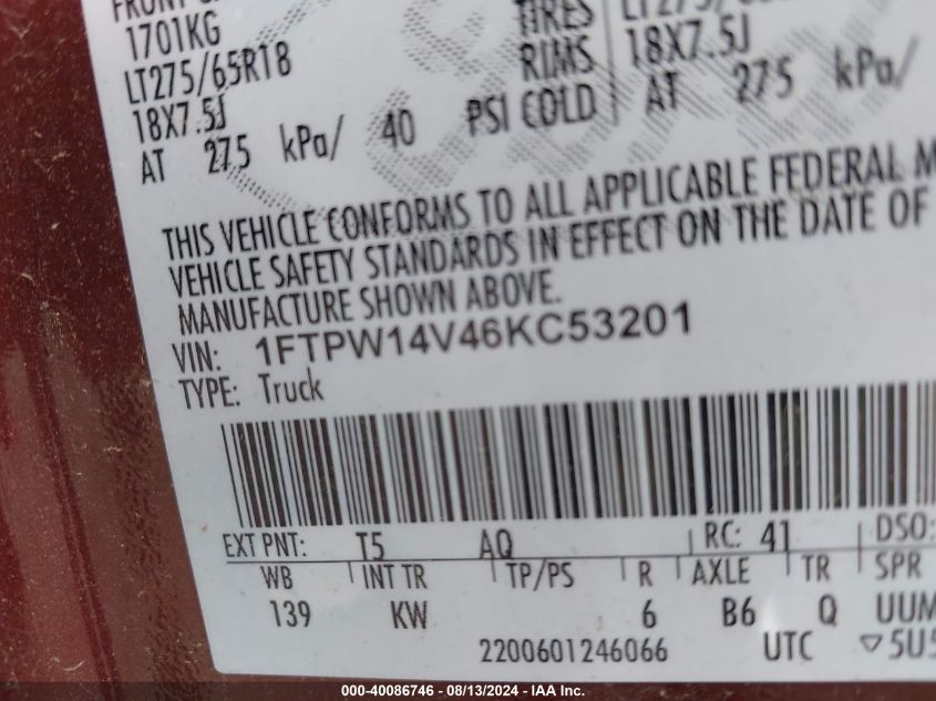 2006 Ford F-150 Fx4/Lariat/Xlt VIN: 1FTPW14V46KC53201 Lot: 40086746