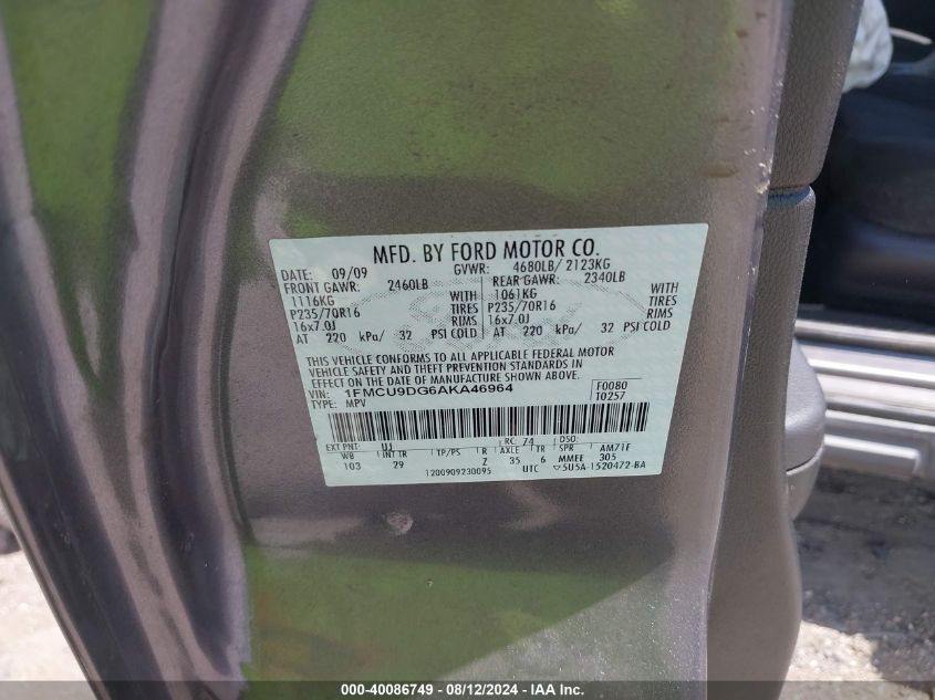 2010 Ford Escape Xlt VIN: 1FMCU9DG6AKA46964 Lot: 40086749