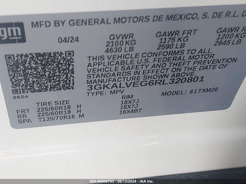 2024 GMC Terrain Slt VIN: 3GKALVEG6RL320801 Lot: 40086753