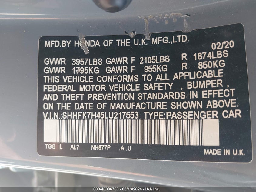 2020 HONDA CIVIC SPORT - SHHFK7H45LU217553