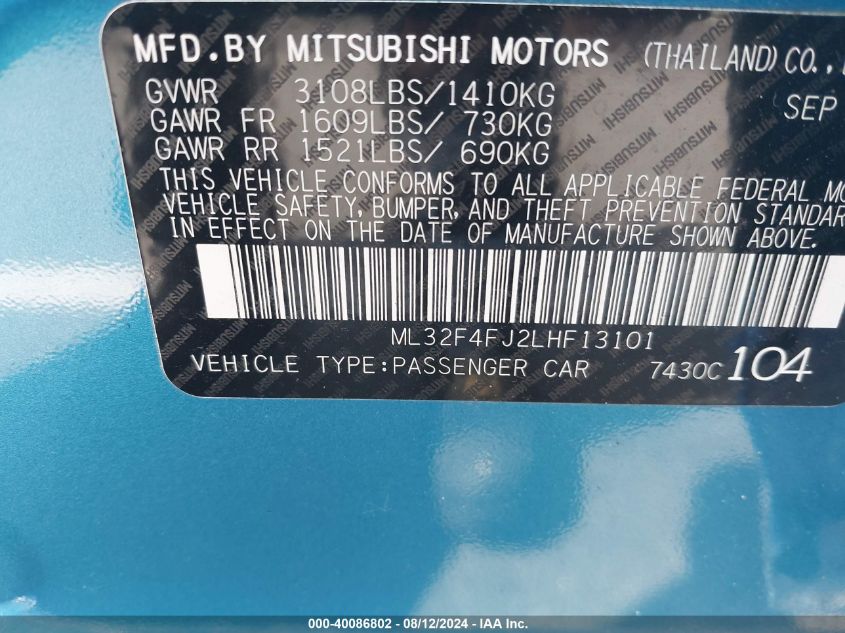 ML32F4FJ2LHF13101 2020 Mitsubishi Mirage G4 Le/Se