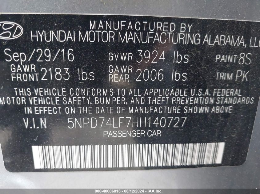 2017 Hyundai Elantra Se VIN: 5NPD74LF7HH140727 Lot: 40086815