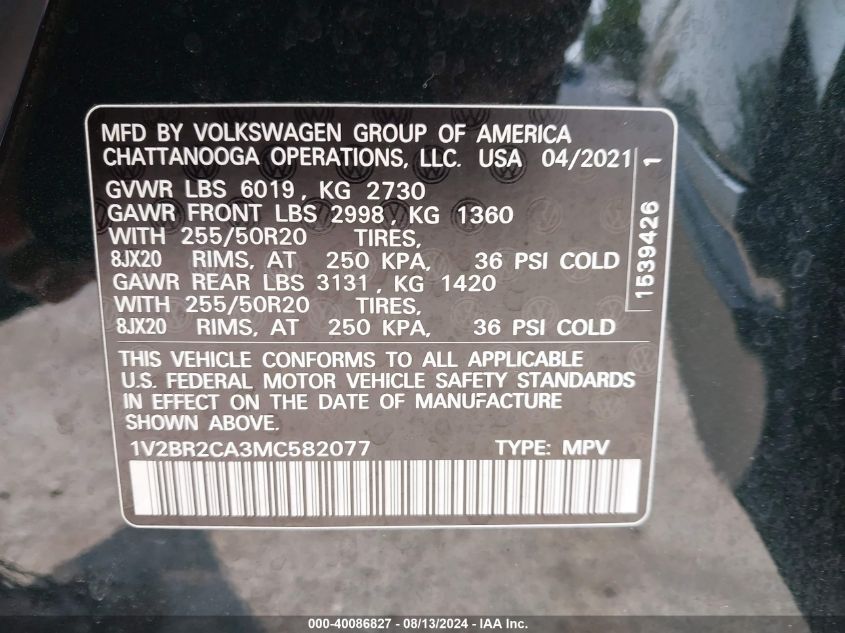 2021 Volkswagen Atlas 3.6L V6 Sel VIN: 1V2BR2CA3MC582077 Lot: 40086827