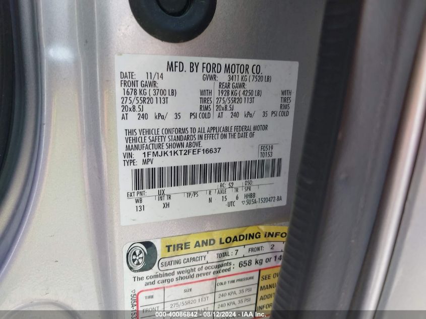 2015 Ford Expedition El Limited VIN: 1FMJK1KT2FEF16637 Lot: 40086842
