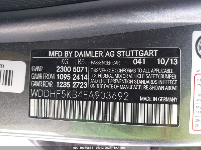 2014 Mercedes-Benz E 350 VIN: WDDHF5KB4EA903692 Lot: 40086888