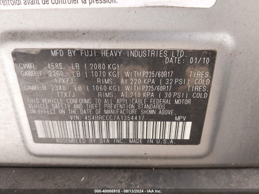 2010 Subaru Outback 2.5I Premium VIN: 4S4BRCCC7A1354417 Lot: 40086915