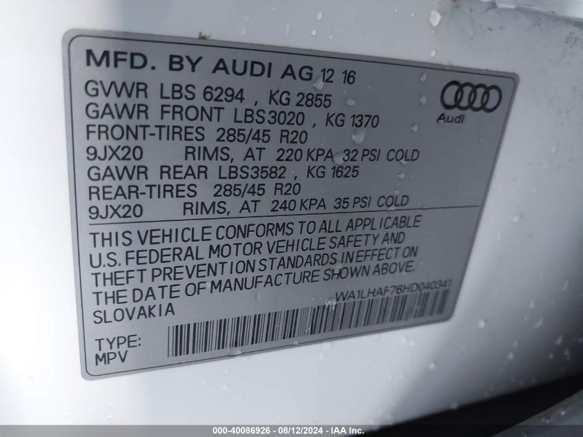 WA1LHAF76HD040341 2017 Audi Q7 2.0T Premium