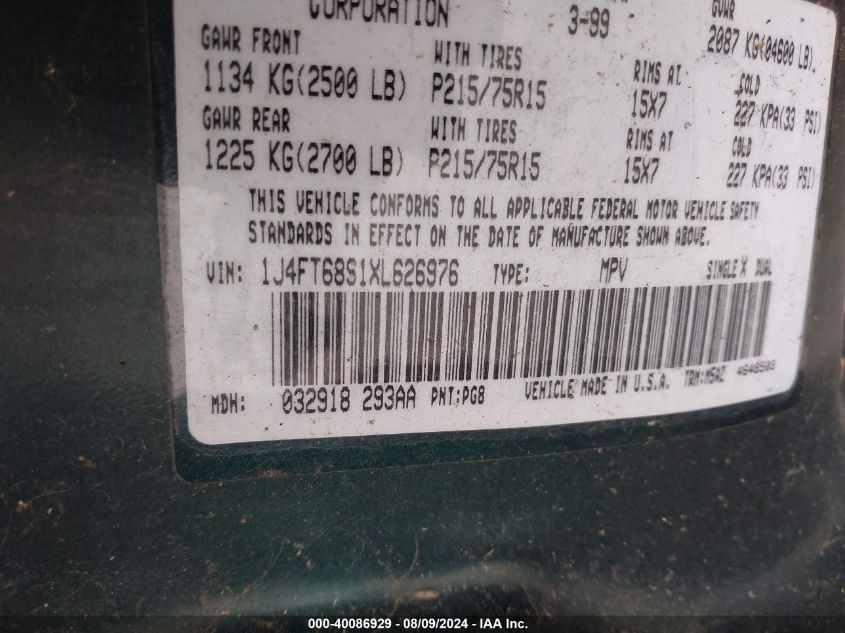 1999 Jeep Cherokee Classic/Sport VIN: 1J4FT68S1XL626976 Lot: 40086929