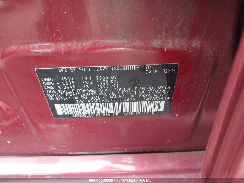 2016 Subaru Legacy 2.5I Premium VIN: 4S3BNAD67G3014629 Lot: 40086938