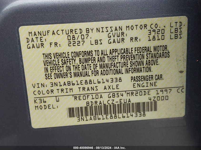 2008 Nissan Sentra 2.0 VIN: 3N1AB61E88L614338 Lot: 40086946