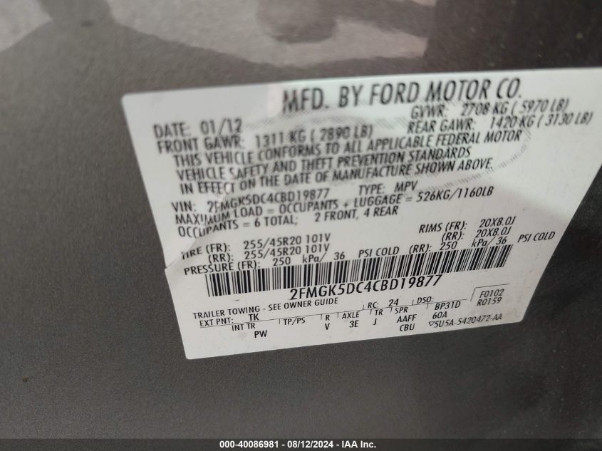 2012 Ford Flex Limited VIN: 2FMGK5DC4CBD19877 Lot: 40086981