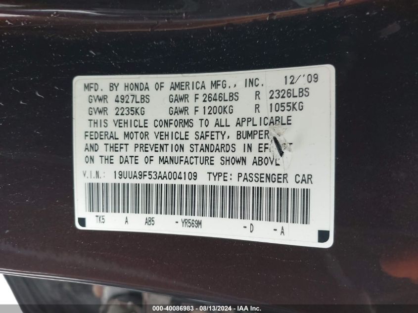 2010 Acura Tl 3.7 VIN: 19UUA9F53AA004109 Lot: 40086983