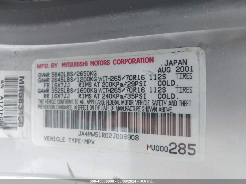 2002 Mitsubishi Montero Limited VIN: JA4MW51R02J008908 Lot: 40086990