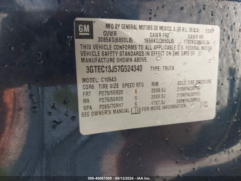 2007 GMC Sierra 1500 Sle1 VIN: 3GTEC13J57G524340 Lot: 40087009