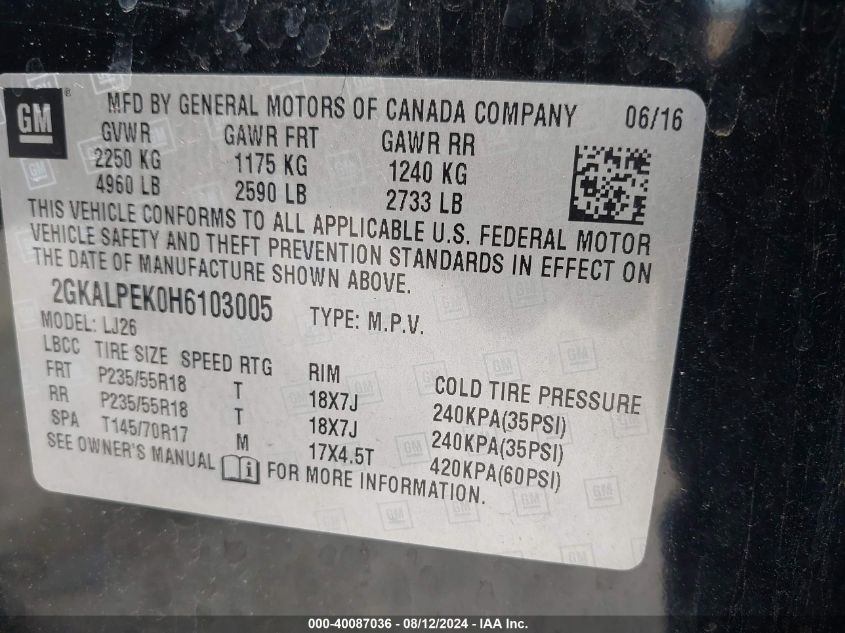 2017 GMC Terrain Slt VIN: 2GKALPEK0H6103005 Lot: 40087036
