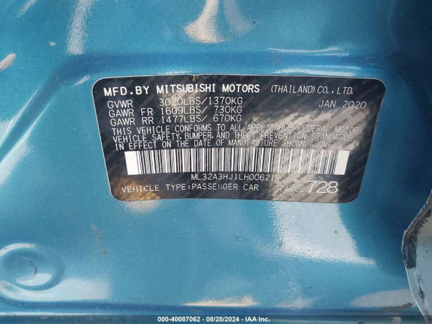 2020 Mitsubishi Mirage Es/Se VIN: ML32A3HJ1LH006211 Lot: 40087062