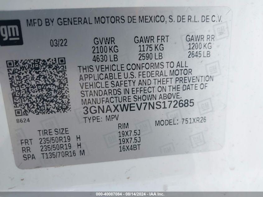 2022 Chevrolet Equinox Awd Rs VIN: 3GNAXWEV7NS172685 Lot: 40087084