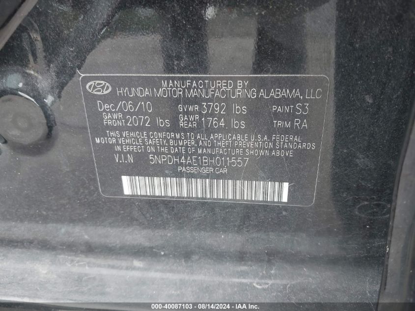 2011 Hyundai Elantra Gls VIN: 5NPDH4AE1BH011557 Lot: 40087103