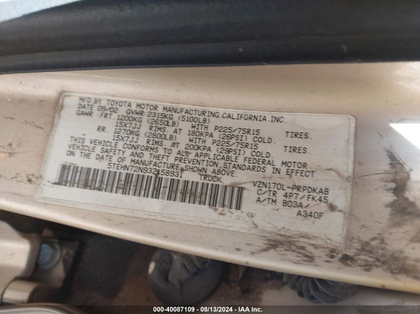 2003 Toyota Tacoma Base V6 VIN: 5TEHN72N93Z158931 Lot: 40087109