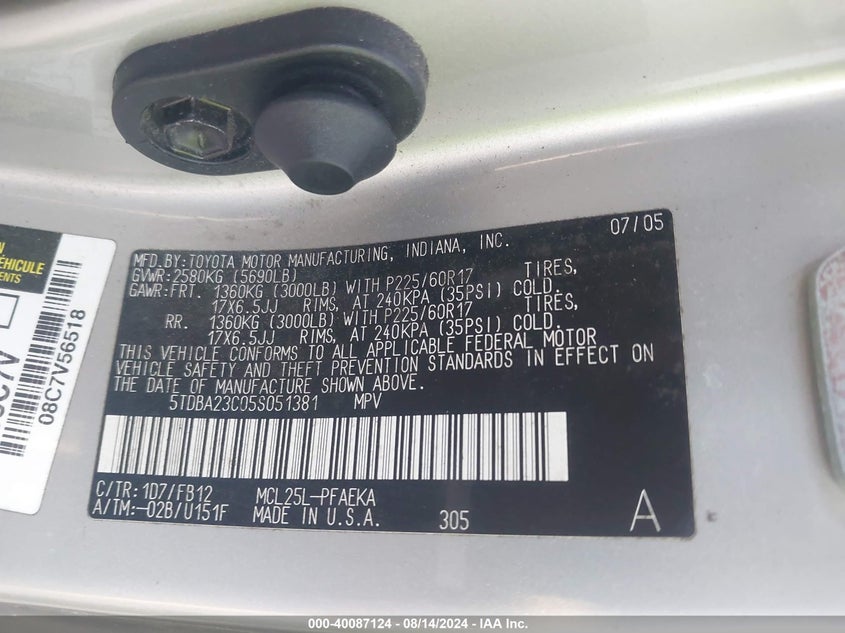 2005 Toyota Sienna Le VIN: 5TDBA23C05S051381 Lot: 40087124