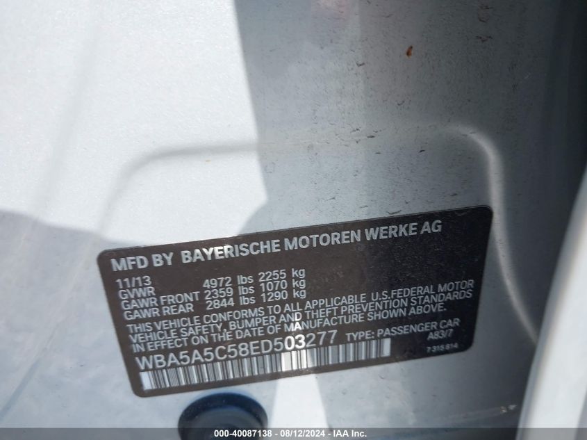 2014 BMW 528I VIN: WBA5A5C58ED503277 Lot: 40087138