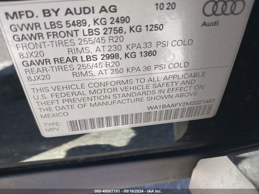 WA1BAAFY2M2021462 2021 Audi Q5 Premium Plus 45 Tfsi Quattro S Tronic