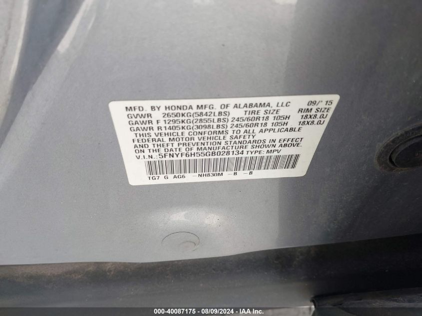 2016 Honda Pilot Ex-L VIN: 5FNYF6H55GB028134 Lot: 40087175