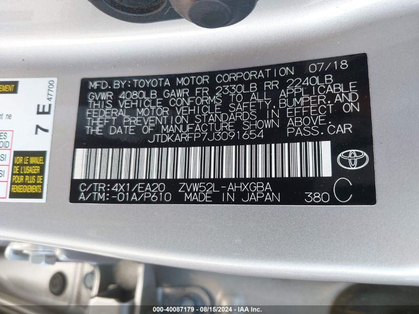 2018 Toyota Prius Prime Premium VIN: JTDKARFP7J3091654 Lot: 40087179