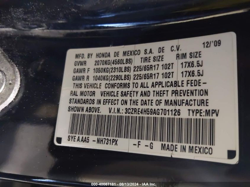 2010 Honda Cr-V Ex VIN: 3CZRE4H59AG701126 Lot: 40087181